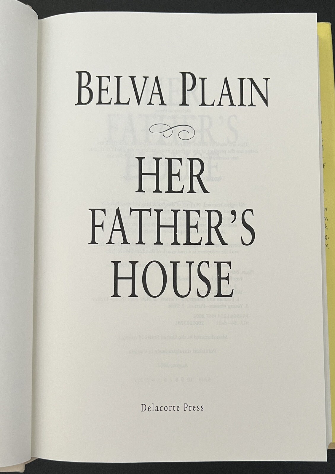 Her Father’s House~Belva Plain~2002~Hardcover~Dust Jacket~342 pages