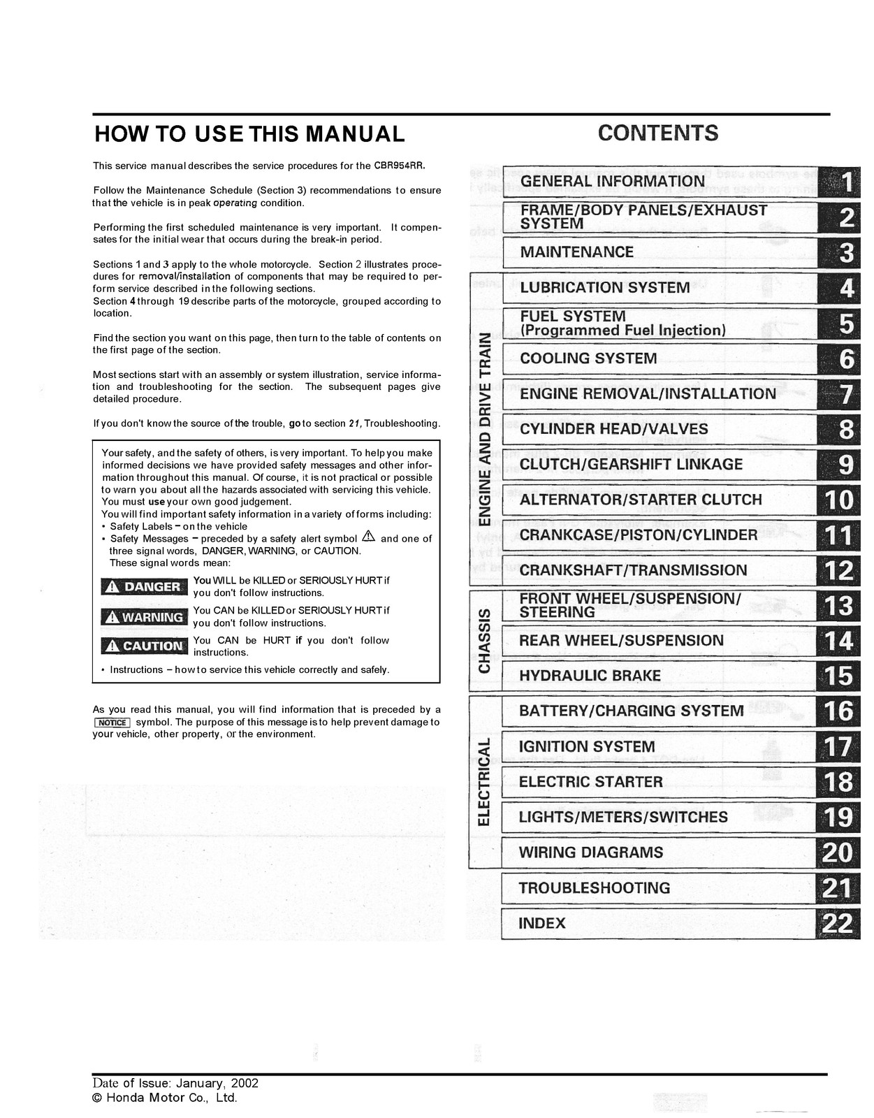 HONDA CBR954RR Service Manual 2002 – BOUND – COVERS – XL FOLDOUT PAGES