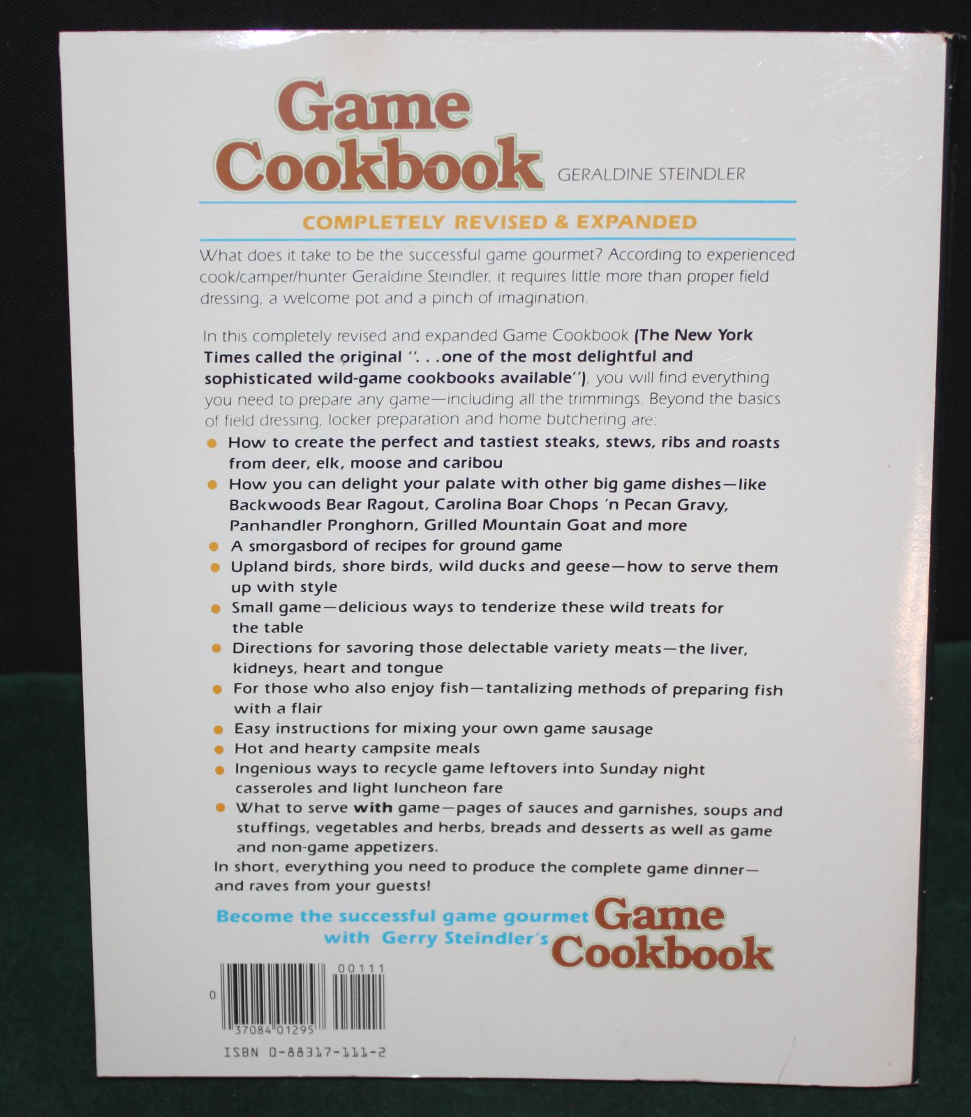 1988 “Game Cookbook” by Geraldine Steindler 288 Pages of Fantastic Recipes Book