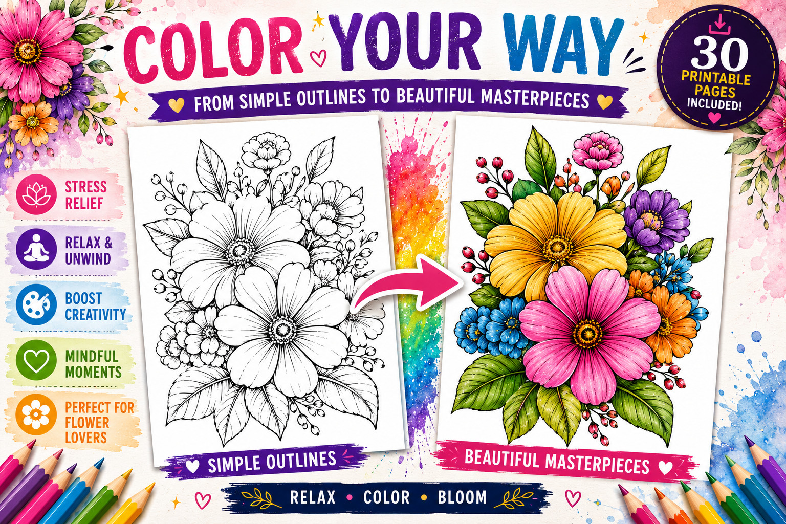 DIGITAL CONTENT- 2025 Flower 30 Page Activity Book – PRINTABLE