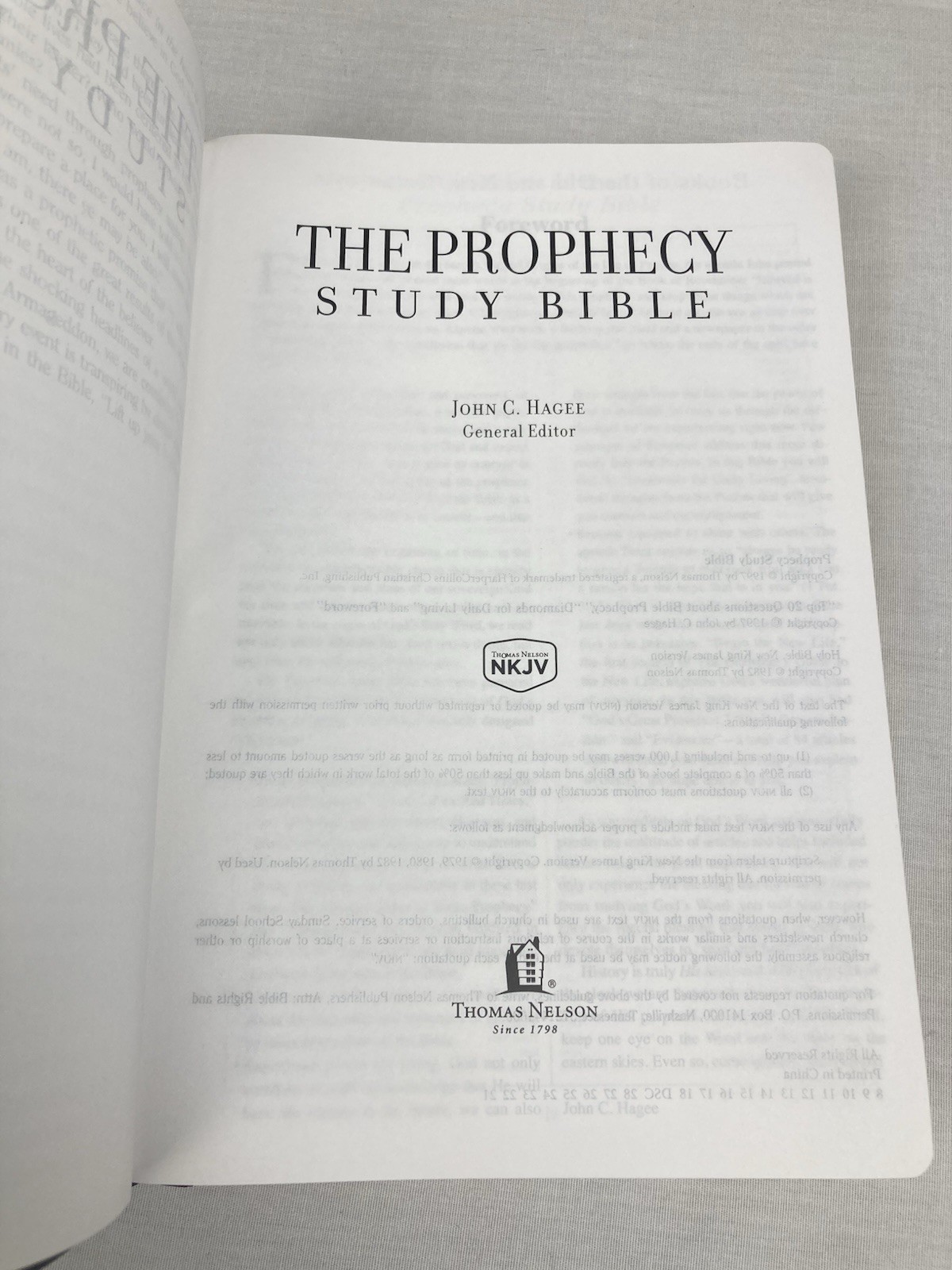 PROPHECY STUDY HOLY BIBLE NKJV JOHN HAGEE BONDED LEATHER GILT EDGING 1997 VGC!