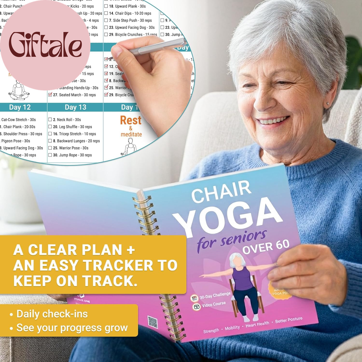 Chair Yoga for Seniors over 60 Book and Chart, 30 Poses with Video Guide, Spiral