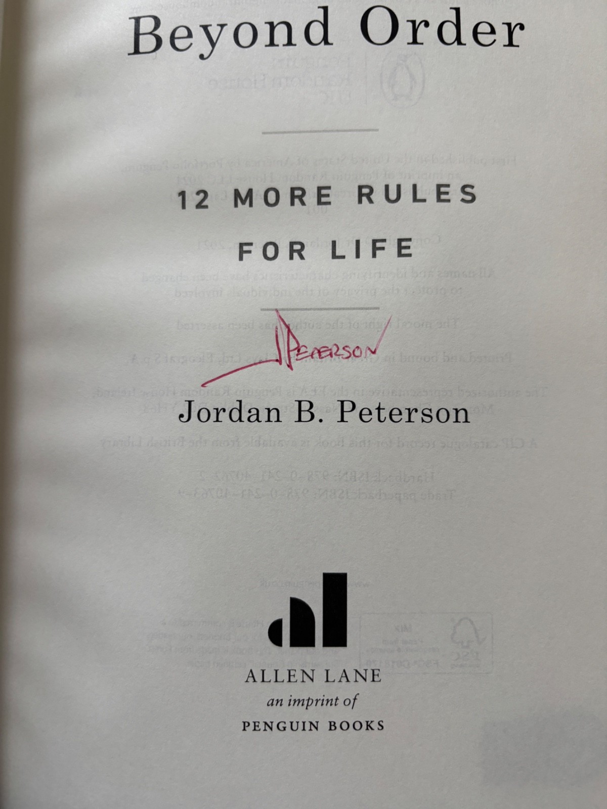 JORDAN B PETERSON SIGNED BEYOND ORDER 1ST HC BOOK 12 MORE RULES FOR LIFE BAS