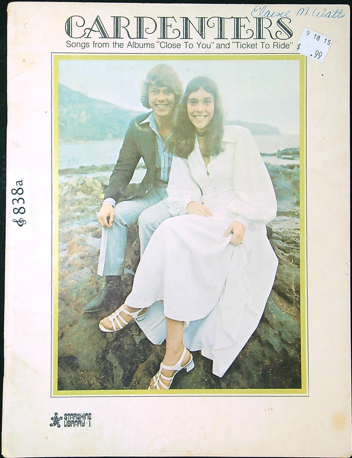 Carpenters Close To You Ticket To Ride 1969 Vintage Piano Vocal Music Book 838a