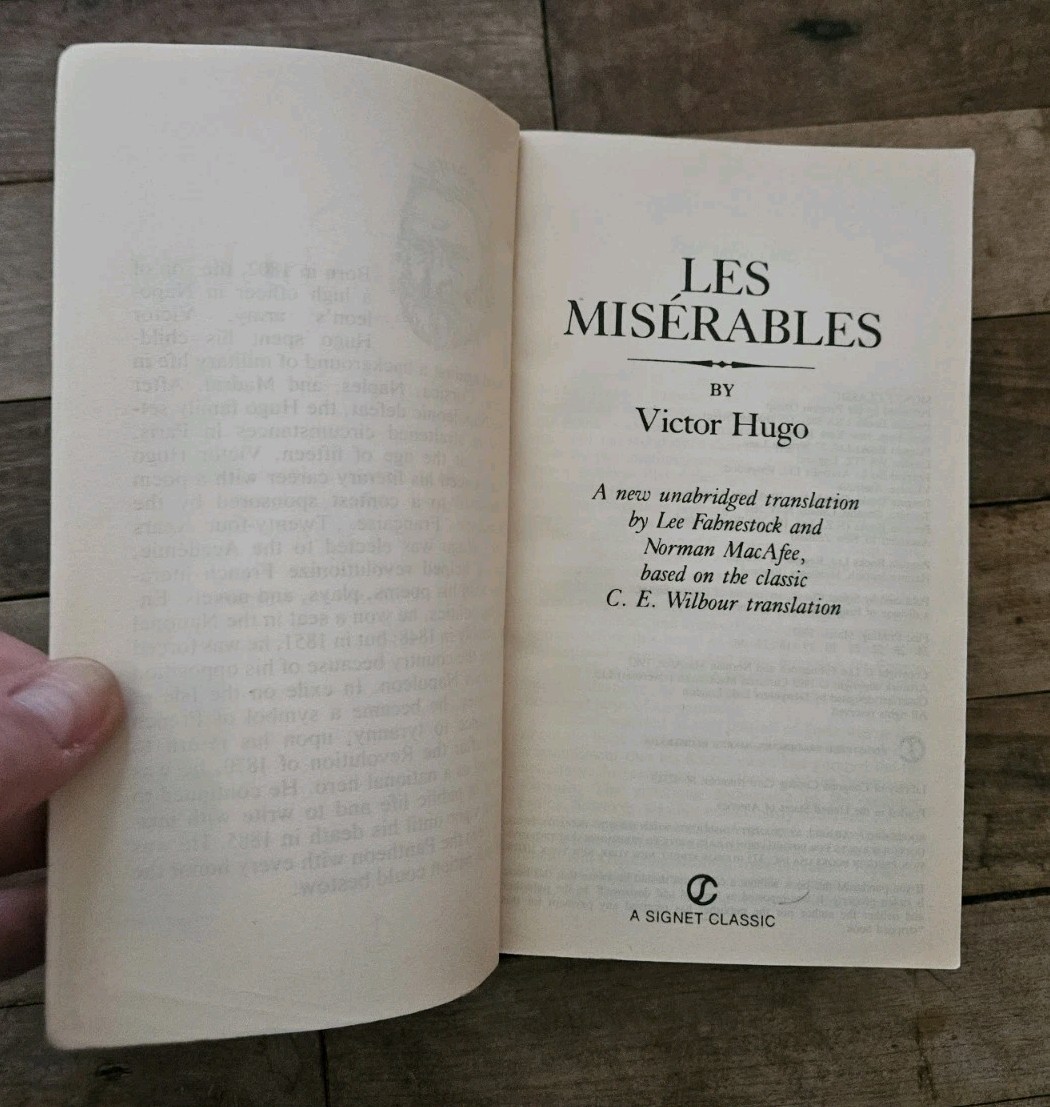 1987. Les Miserables By Victor Hugo Penguin Signet Classic Paperback Translated