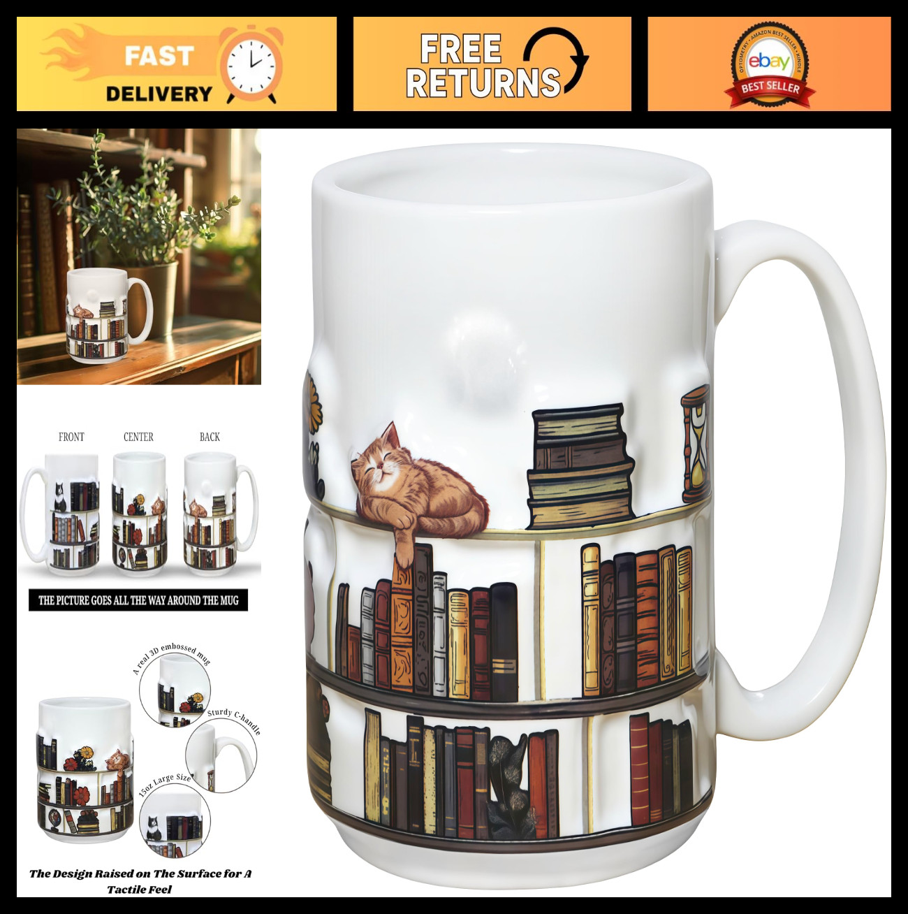 3D Embossed Book Mugs for Readers – 15oz Library Shelf Cup, Cat Lovers Gift