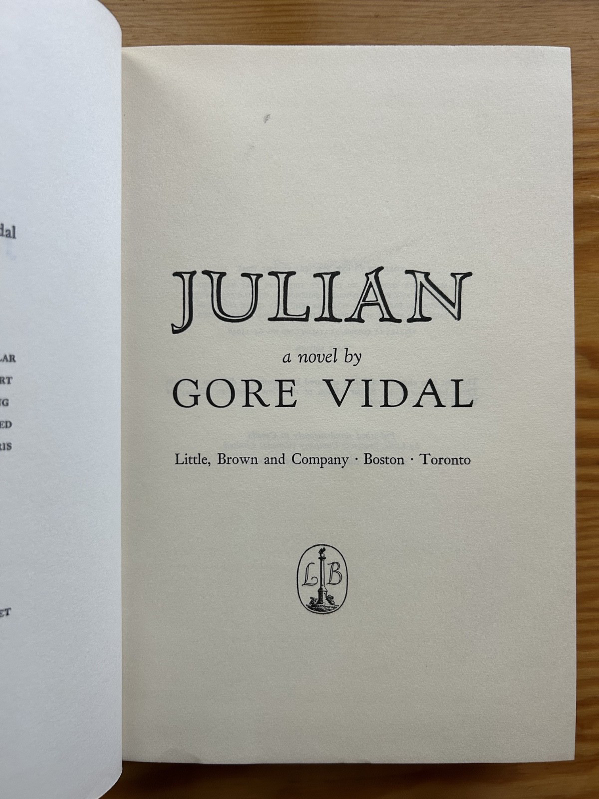 Julian by Gore Vidal, Little, Brown 1964 1st Edition / Print Hardcover w/DJ