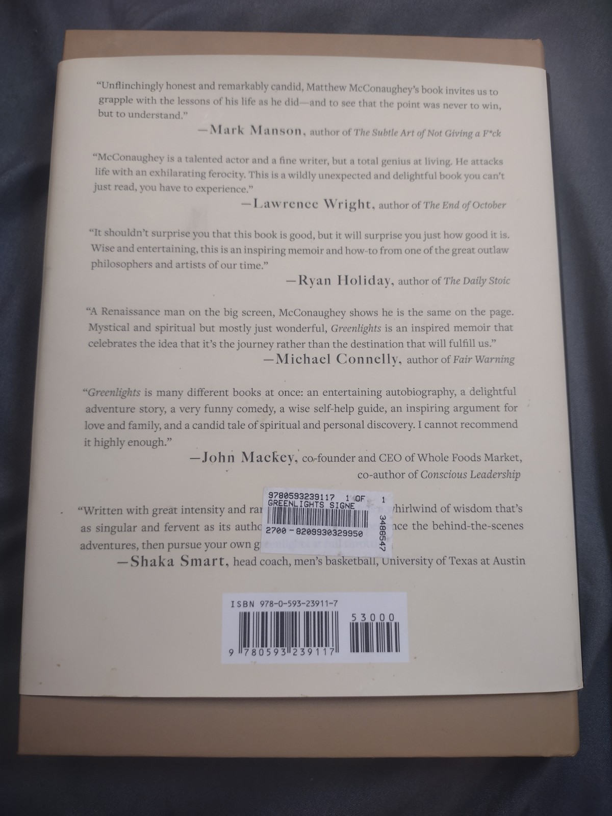 Signed Greenlights Matthew McConaughey Autographed 1st Edition Hardcover Book