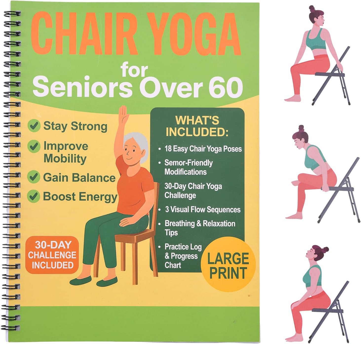 Chair Yoga for Seniors Over 60 Book & Chart, Gentle Seated Chair Yoga Guide, …
