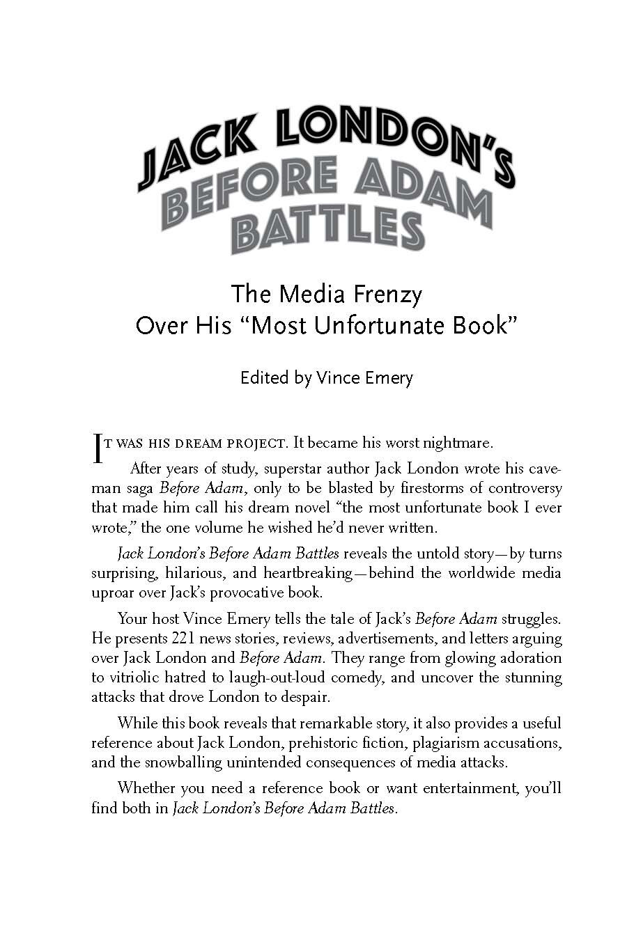 Brand new unread copy JACK LONDON’S BEFORE ADAM BATTLES “It’s a stunner.”
