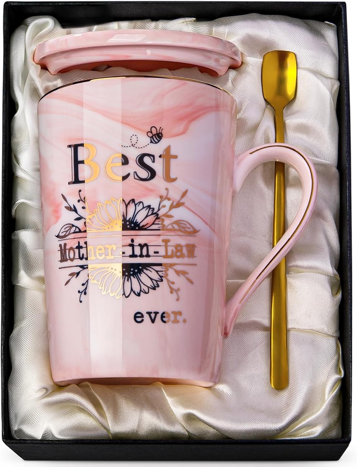 Thoughtful Mother-in-Law Gift: 14oz Pink Marble Mug with Elegant Gold Accents