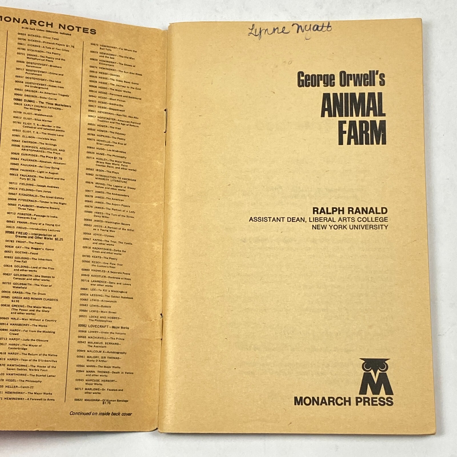 Animal Farm by George Orwell 1965 Monarch Notes Booklet #00718 Vintage