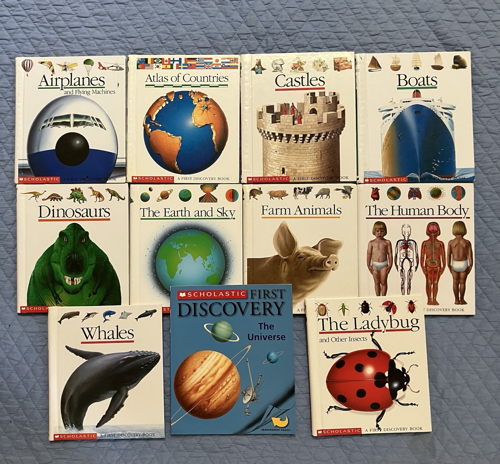 Lot of 11 Scholastic First Discovery Books HUMAN BODY, Dinosaurs,Atlas Set
