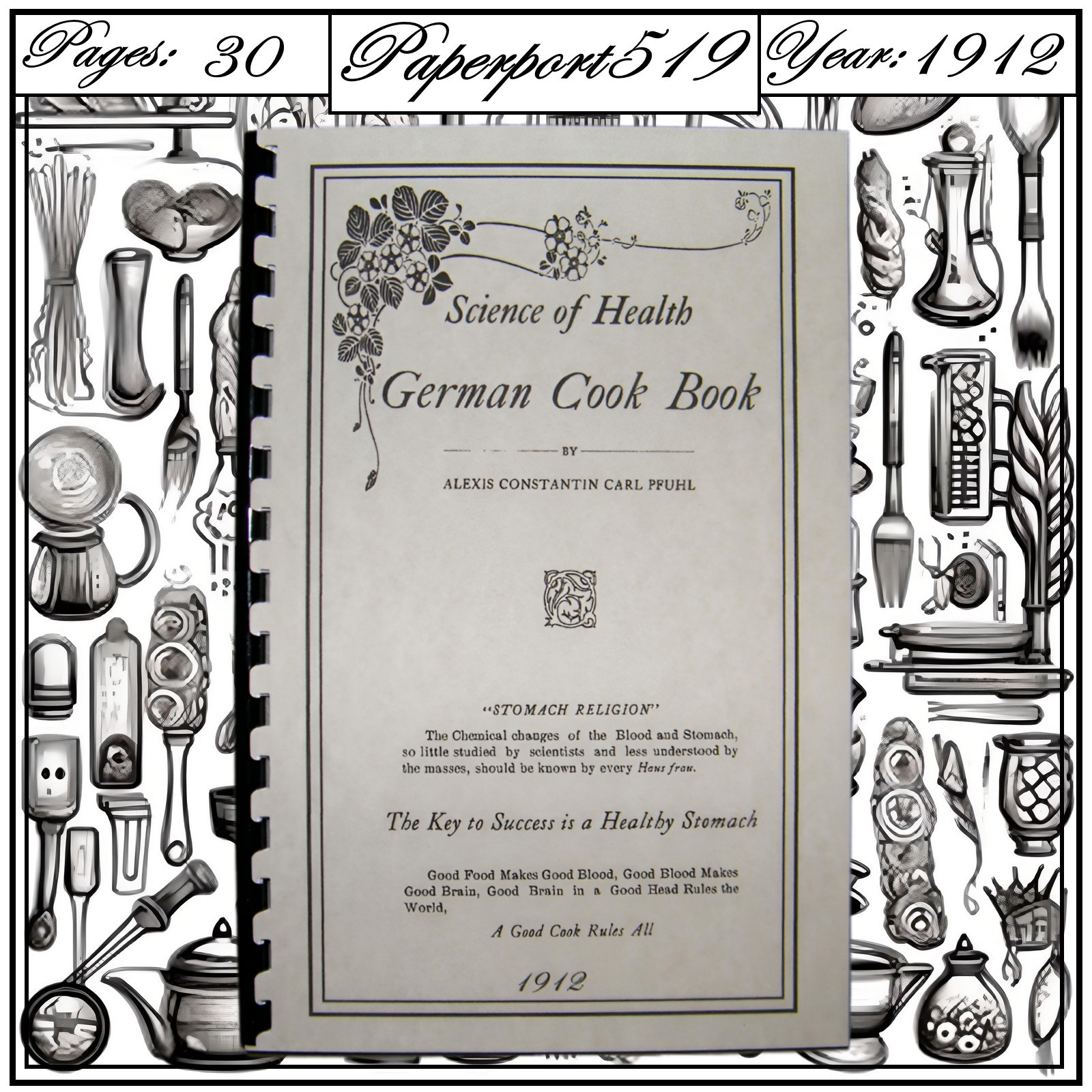1912 Science Of Health German Cook Book 30 Pages