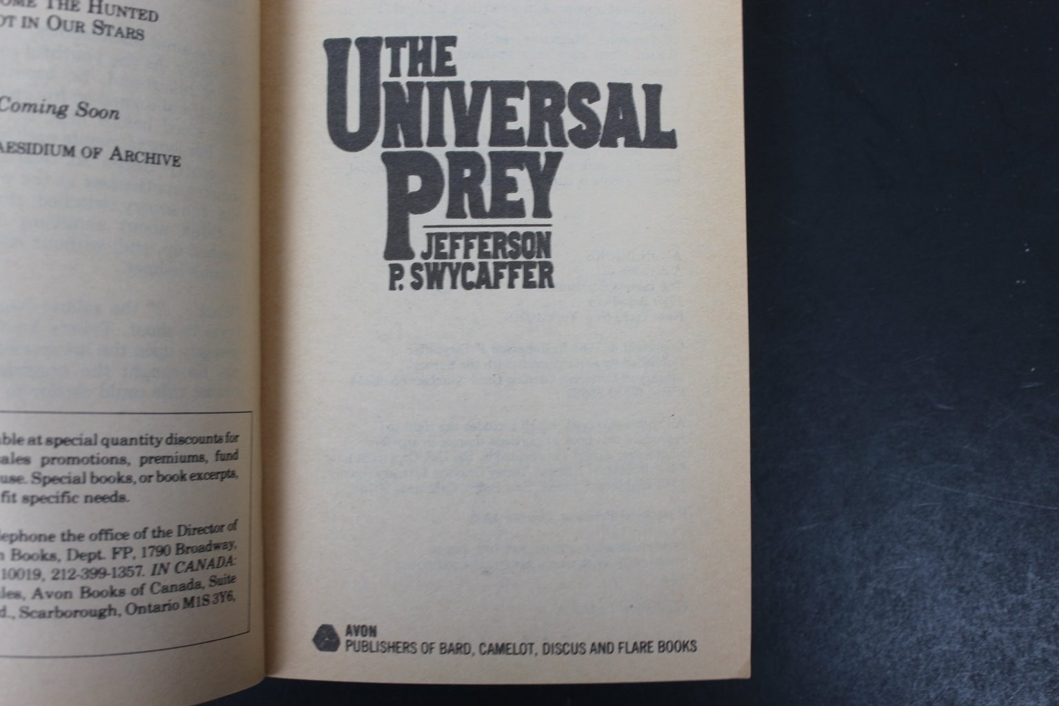 The Universal Prey Jefferson P. Swycaffer 1985 First Printing Science Fiction PB