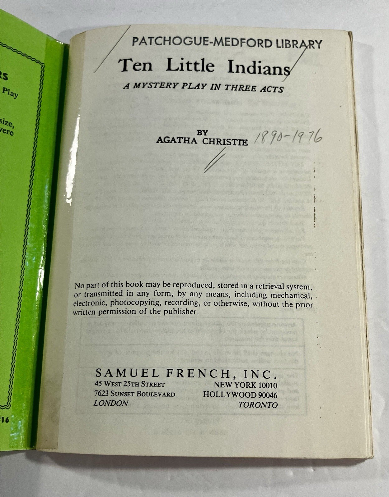 Ten Little Indians -1946 Samuel French Agatha Christie Mystery Play PB