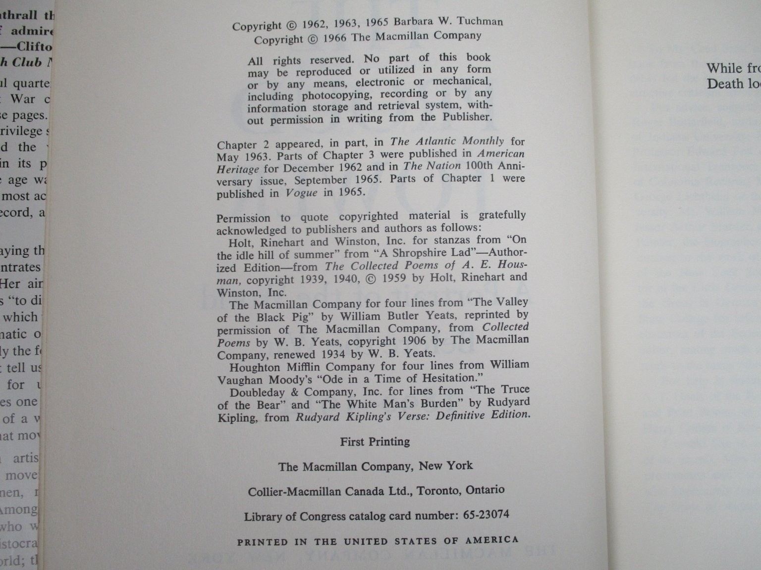 The Proud Tower Barbara W. Tuchman 1966 First Printing History Macmillan HCDJ