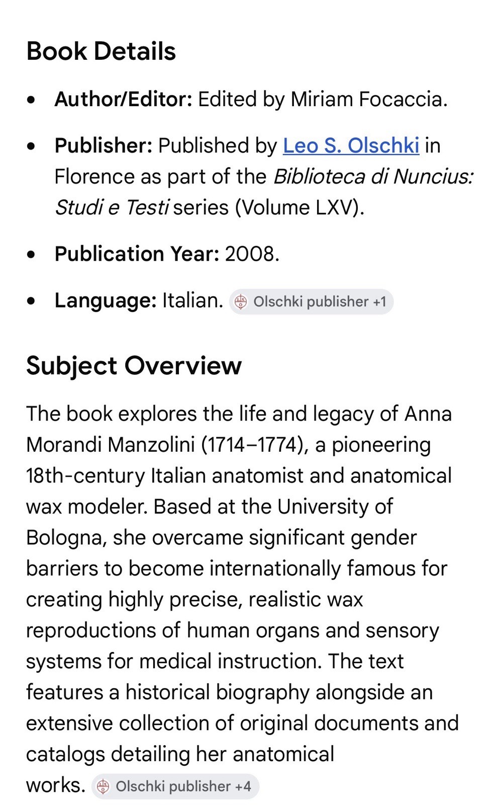 Anna Morandi Manzolini. Una donna fra arte e scienza. Miriam Focaccia 2008 SC