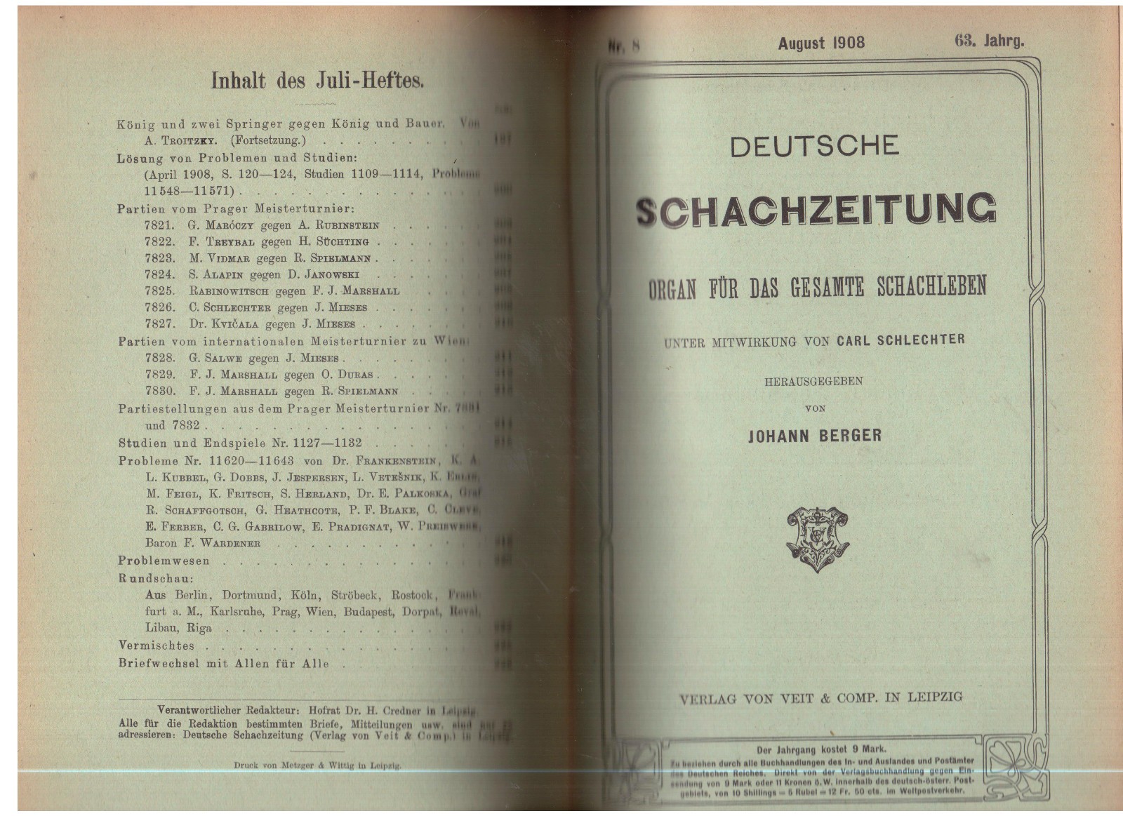 Deutsche Schachzeitung 1908 (Complete year softbound)