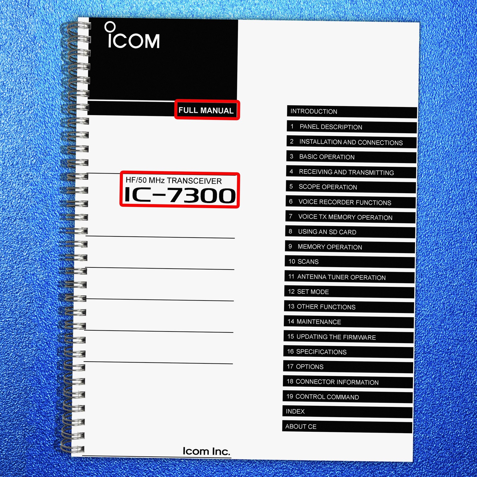 ICOM IC-7300 Transceiver Full Manual, 180 Pages – COIL BIND – TOUGH FRONT & BACK