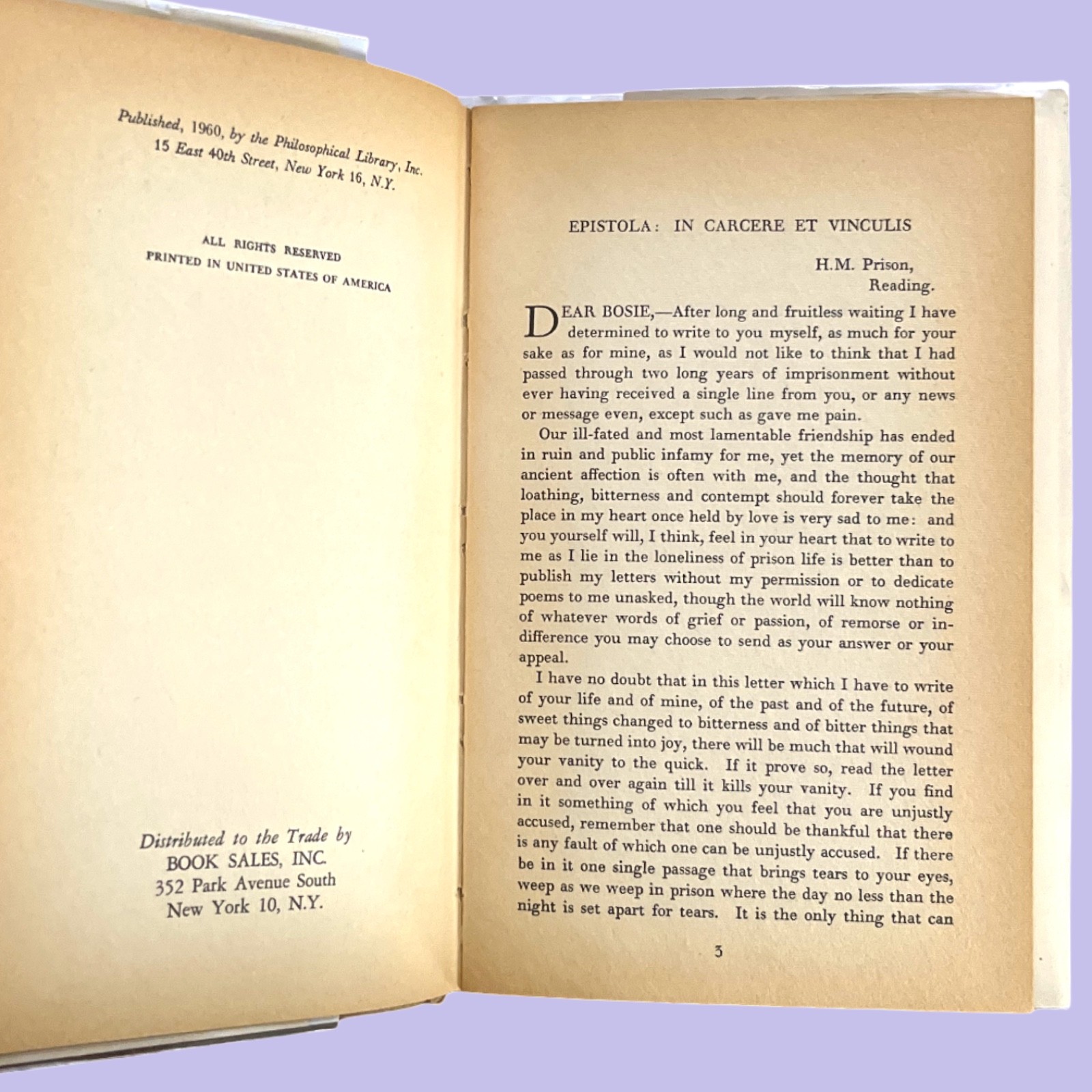 De Profundis Unabridged (1960) Oscar Wilde HC DJ Philosophical Library