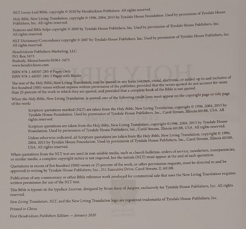 Hendrickson Holy Bible NLT Center Column Reference Ed. 2020 Loose Leaf 3-Ring