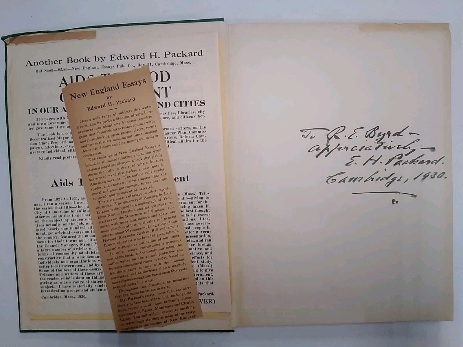 New England Essays by EH Packard 1929 1st Ed, SIGNED HC w/ Eph. Adm. Byrd. READ!