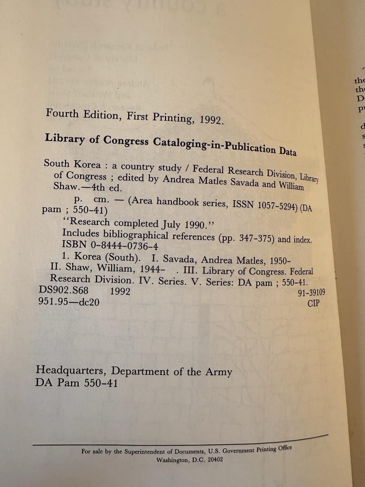 South Korea: A Country Study (Area Handbook Series) Library of Congress 1992