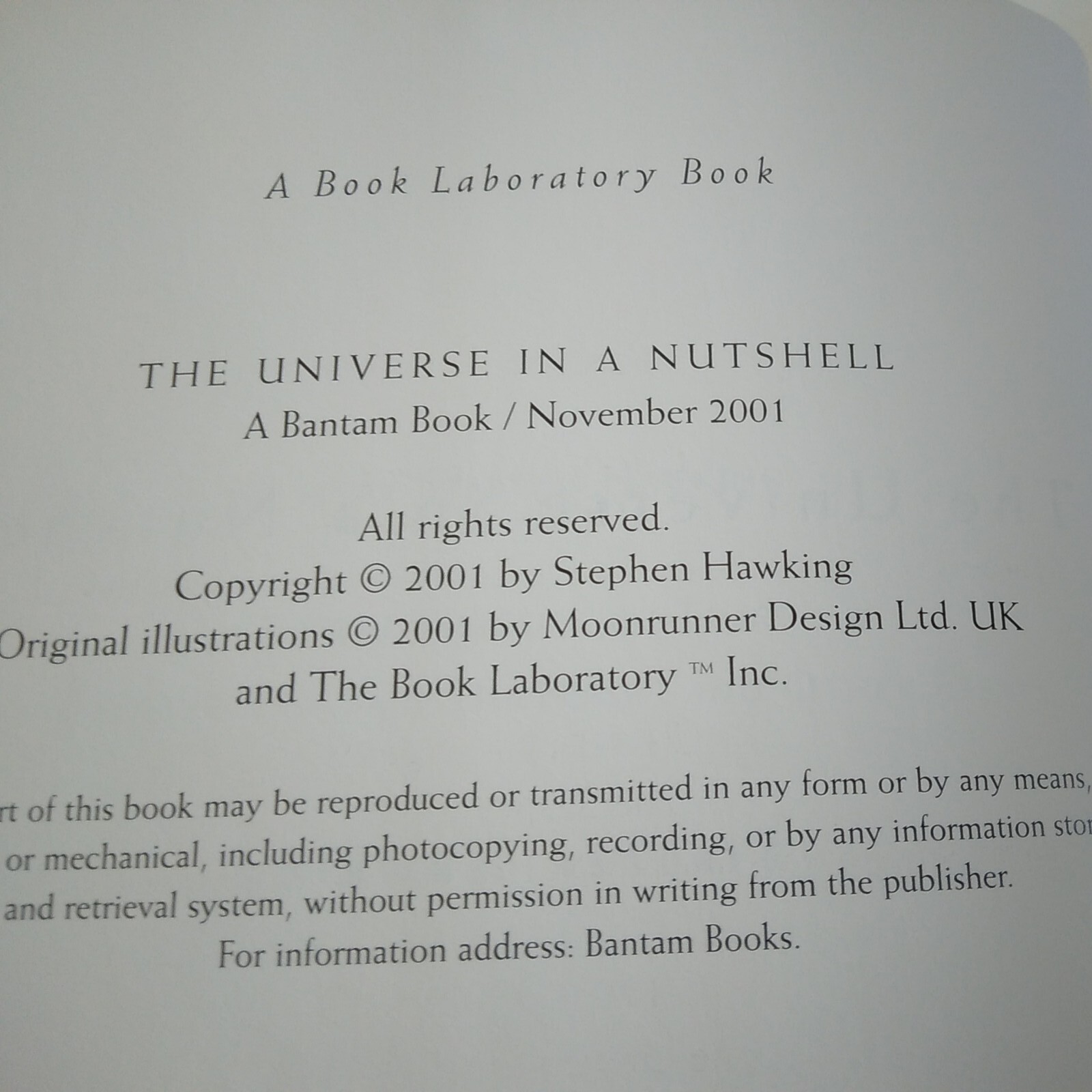 “The Universe In A Nutshell”-Stephen Hawking, Bantam 1st Ed./Print 2001 HC DJ VG