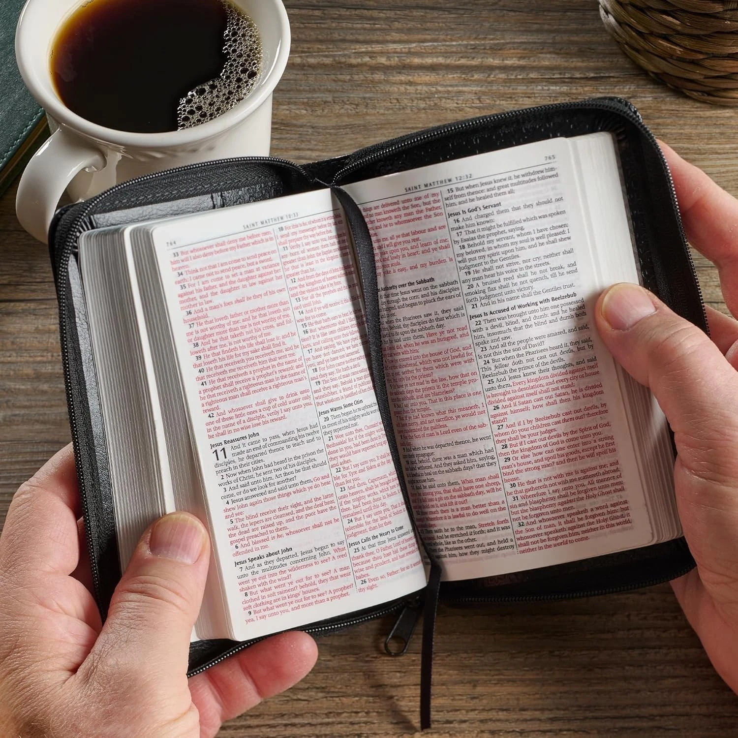 KJV Holy Bible,Mini Pocket Bible–Zippered Black Faux Leather Bible w/Ribbon Ma..