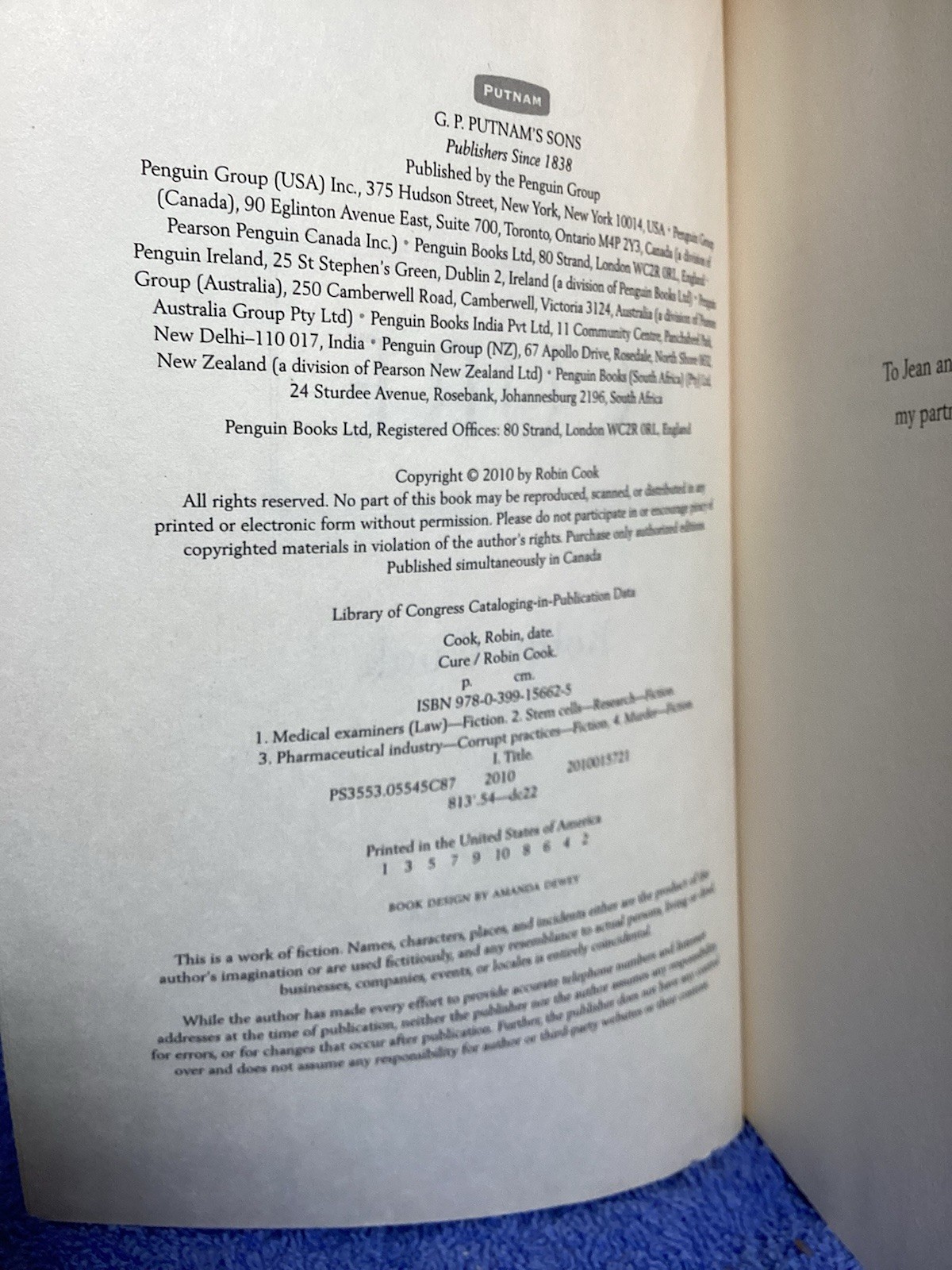 Novel Robin Cook “Cure” 396 Pages G.P.Putman & Sons 2010.