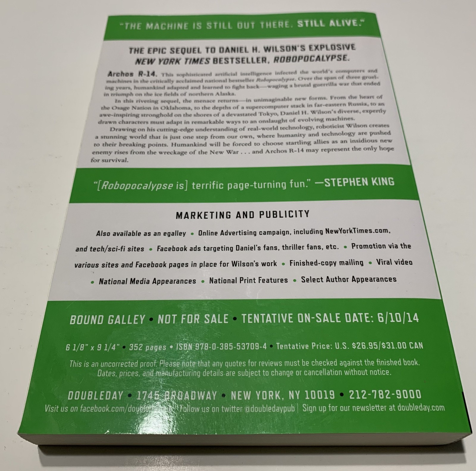 ROBOGENESIS Advance Galley Softcover—Daniel H. Wilson—new with shelf wear—ARC