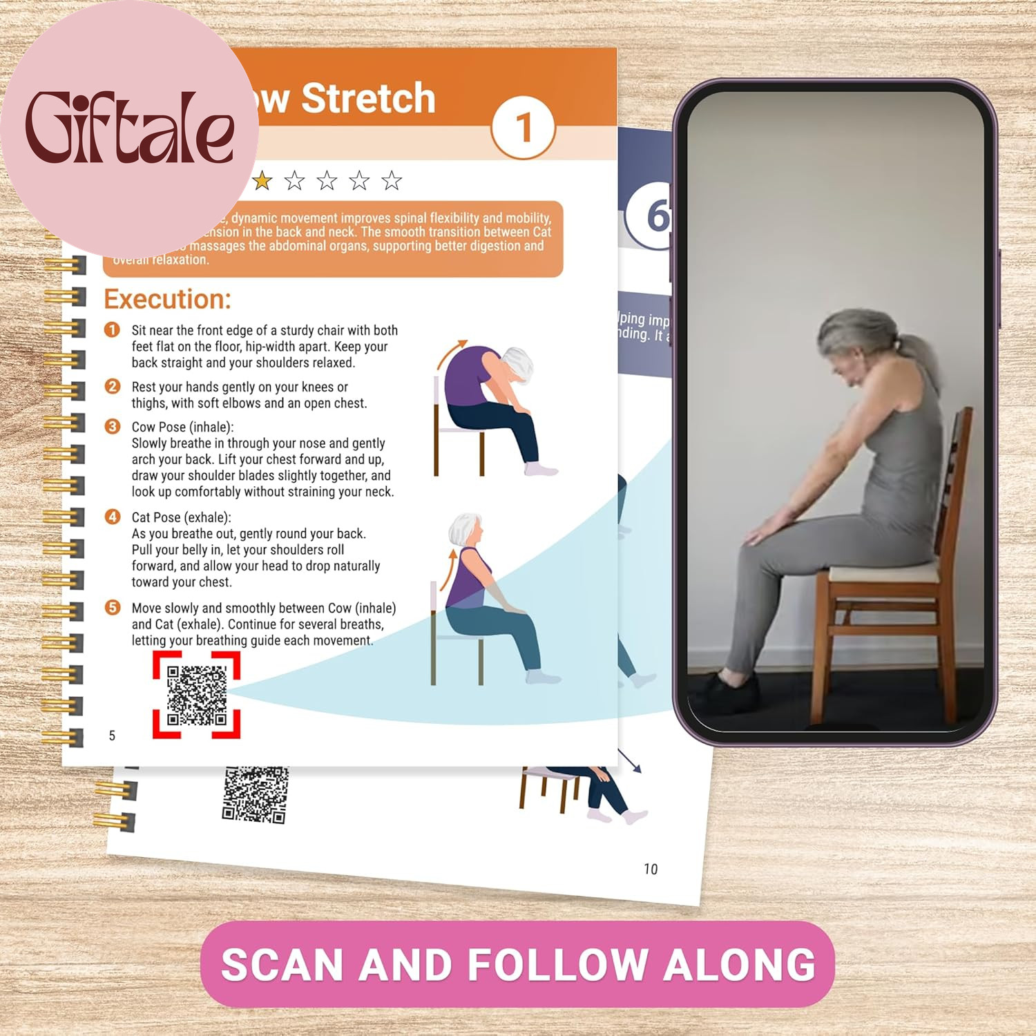 Chair Yoga for Seniors over 60 Book and Chart, 30 Poses with Video Guide, Spiral