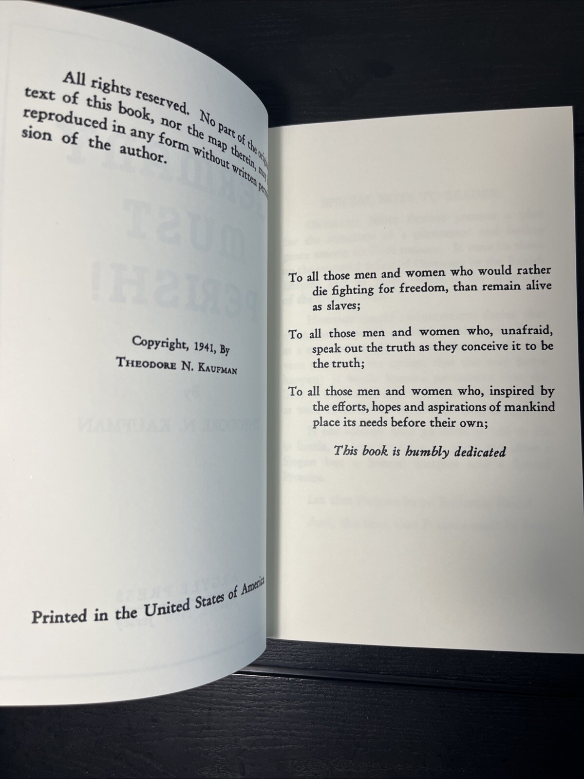 Germany Must Perish! by Theodore N. Kaufman , Hitler Fears, Reprint, 1941 , New