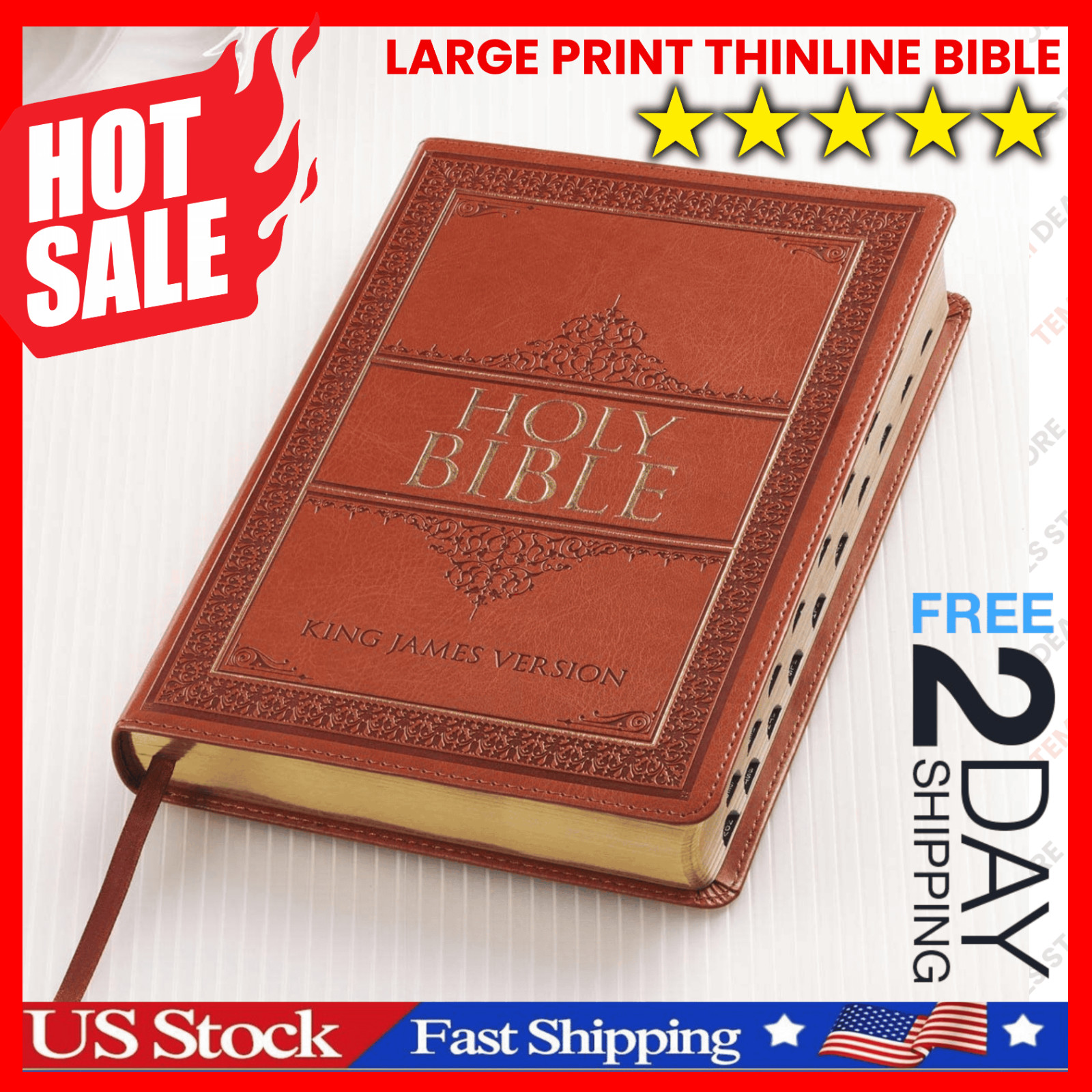 The Holy Bible King James Version LARGE PRINT Thumb Indexed Edition / TAN Faux L