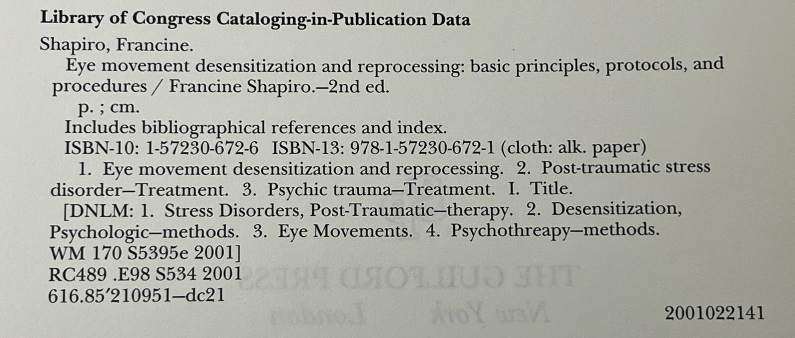 EMDR Eye Movement Desensitization and Reprocessing 2nd Ed. by F. Shapiro – HC/DJ